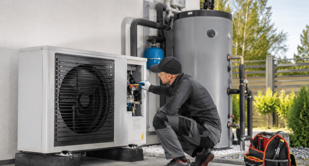 Heat pump maintenance technician servicing a heat pump water heater system for maximum efficiency and long-term performance.