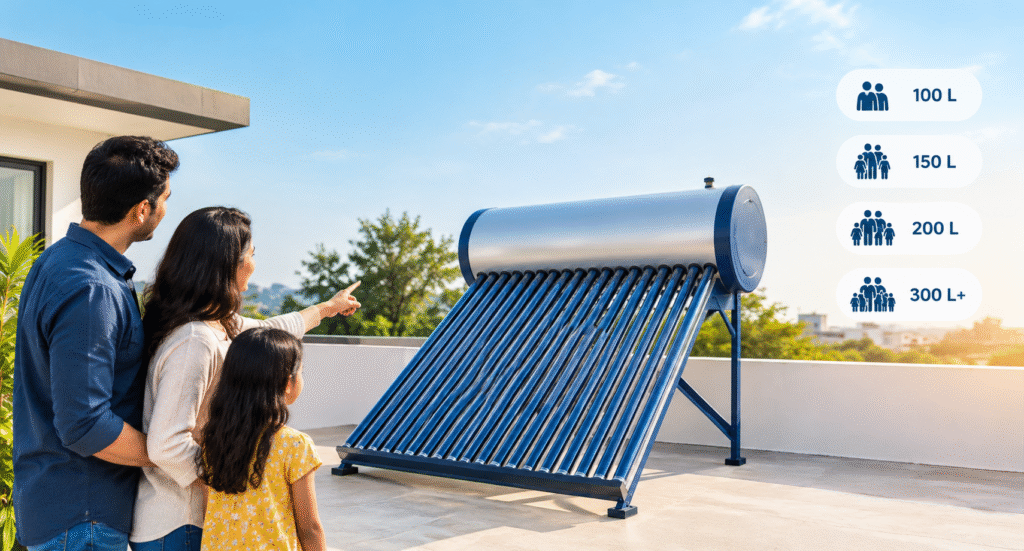 Solar water heater size guide for choosing the right capacity for your home.