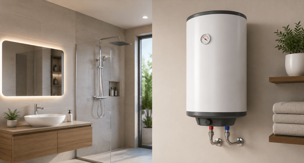 Modern electric geyser installed in a stylish bathroom for efficient hot water supply.
