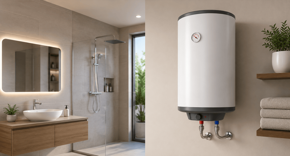 Modern electric geyser installed in a stylish bathroom for efficient hot water supply.