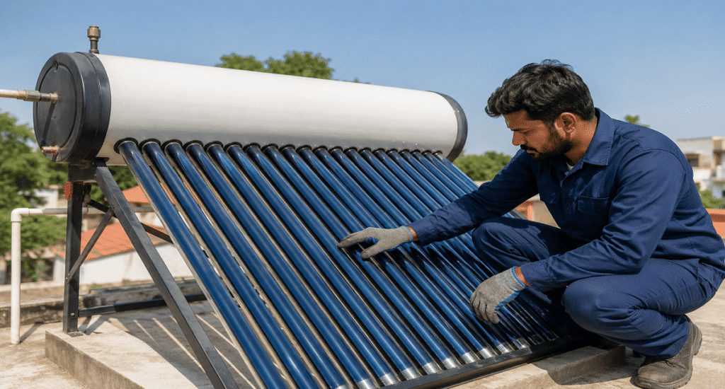 Technician inspecting a solar water heater during routine maintenance on a rooftop.