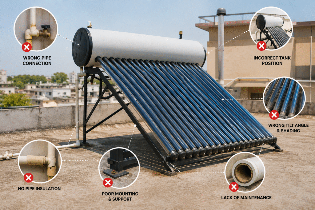 Solar water heater installed on a rooftop showing common installation errors that affect efficiency.