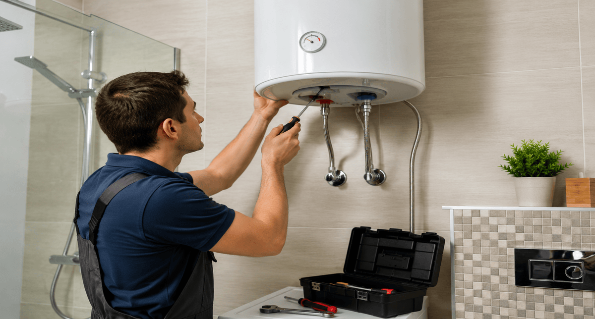 Technician inspecting an electric geyser for maintenance and better performance.