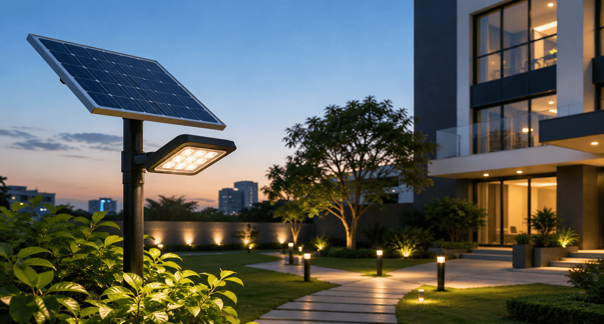 Solar lighting system illuminating a modern home and outdoor landscape.